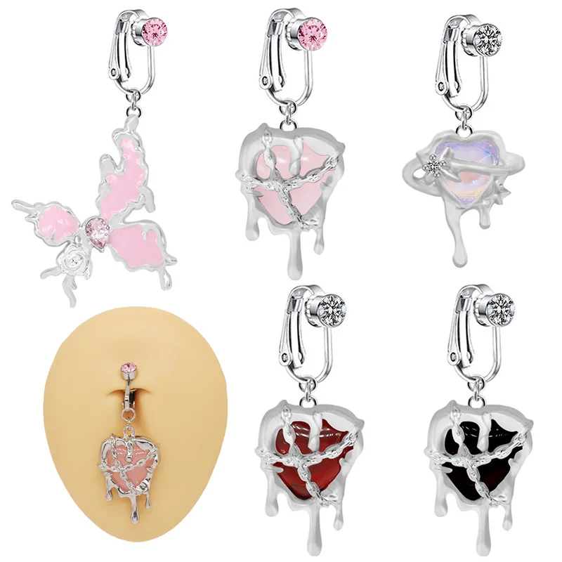 Fake Butterfly Heart Belly Button Ring For Navel Piercing
