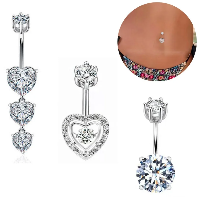 925 Silver CZ Heart Belly Button Ring For Navel Piercing