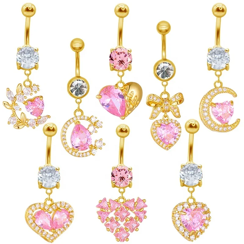 316L Surgical Steel CZ Heart Belly Button Ring For Navel Piercing