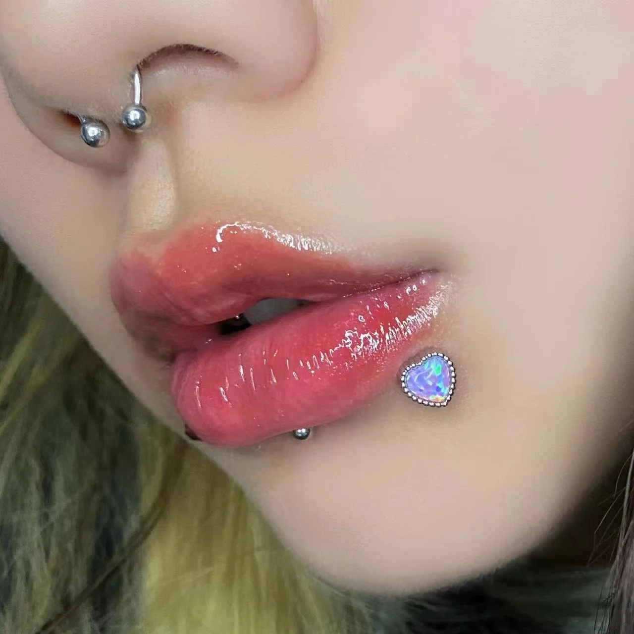 316L Surgical Steel Opal Heart Labret Stud For Lip Or Cartilage Piercing