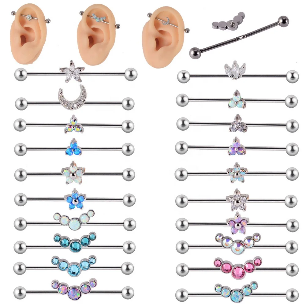 ASTM F136 Titanium 14G Opal Flower Industrial Barbell For Industrial Piercing