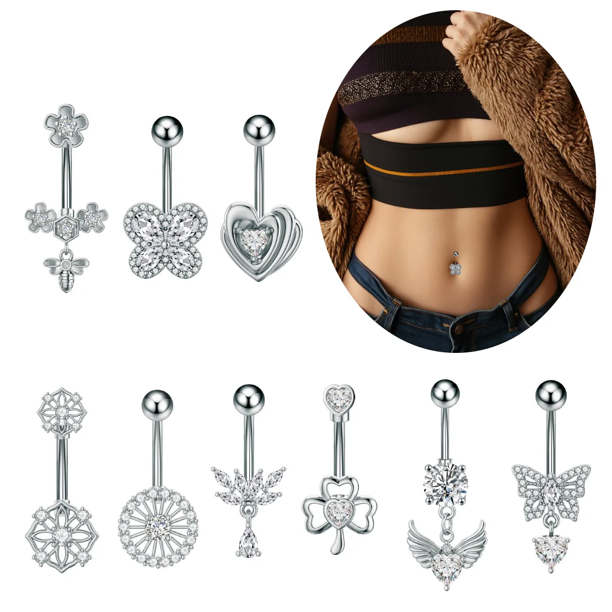 316L Surgical Steel CZ Butterfly Belly Button Ring For Navel Piercing - Image 2