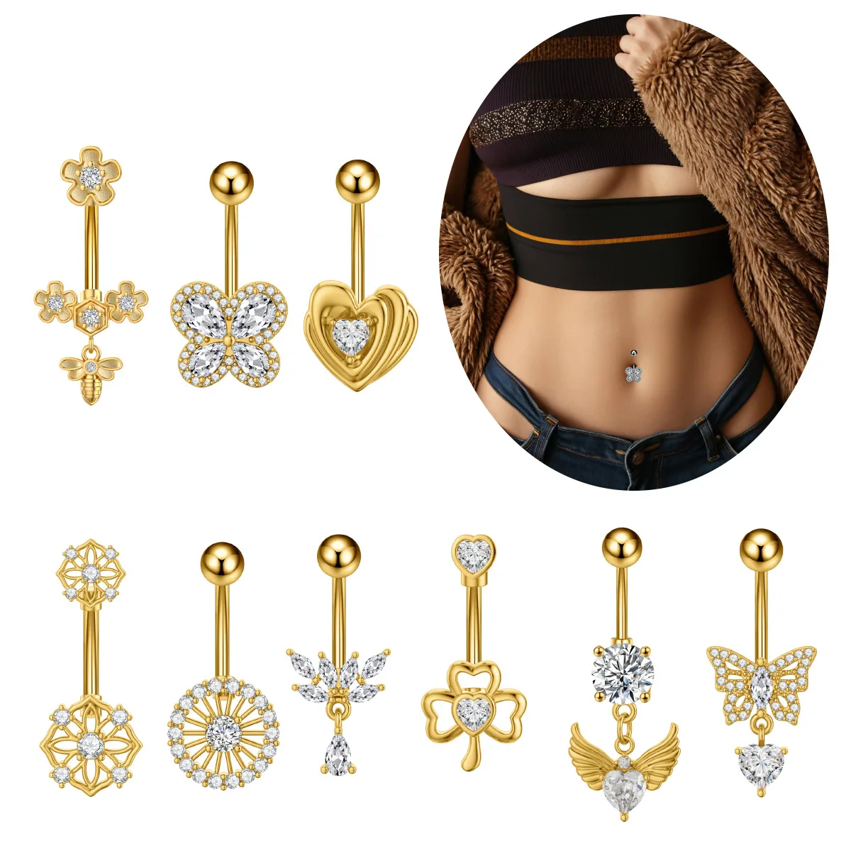 316L Surgical Steel CZ Butterfly Belly Button Ring For Navel Piercing