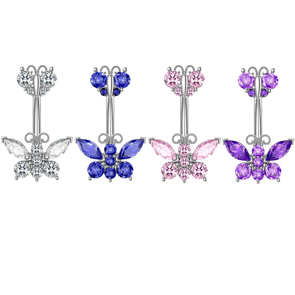 316L Surgical Steel CZ Butterfly Belly Button Ring For Navel Piercing - Image 2