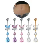 316L Surgical Steel CZ Butterfly Belly Button Ring For Navel Piercing