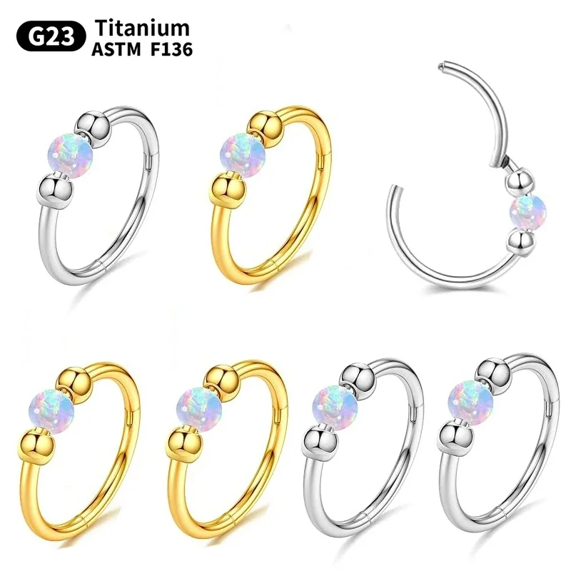 ASTM F136 Titanium 16G Opal Segment Clicker Ring For Septum Or Nose Piercing