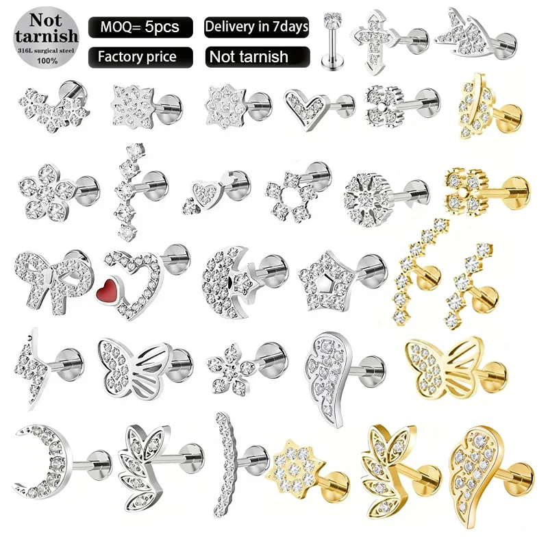 316L Surgical Steel CZ Labret Stud For Lip Or Cartilage Piercing