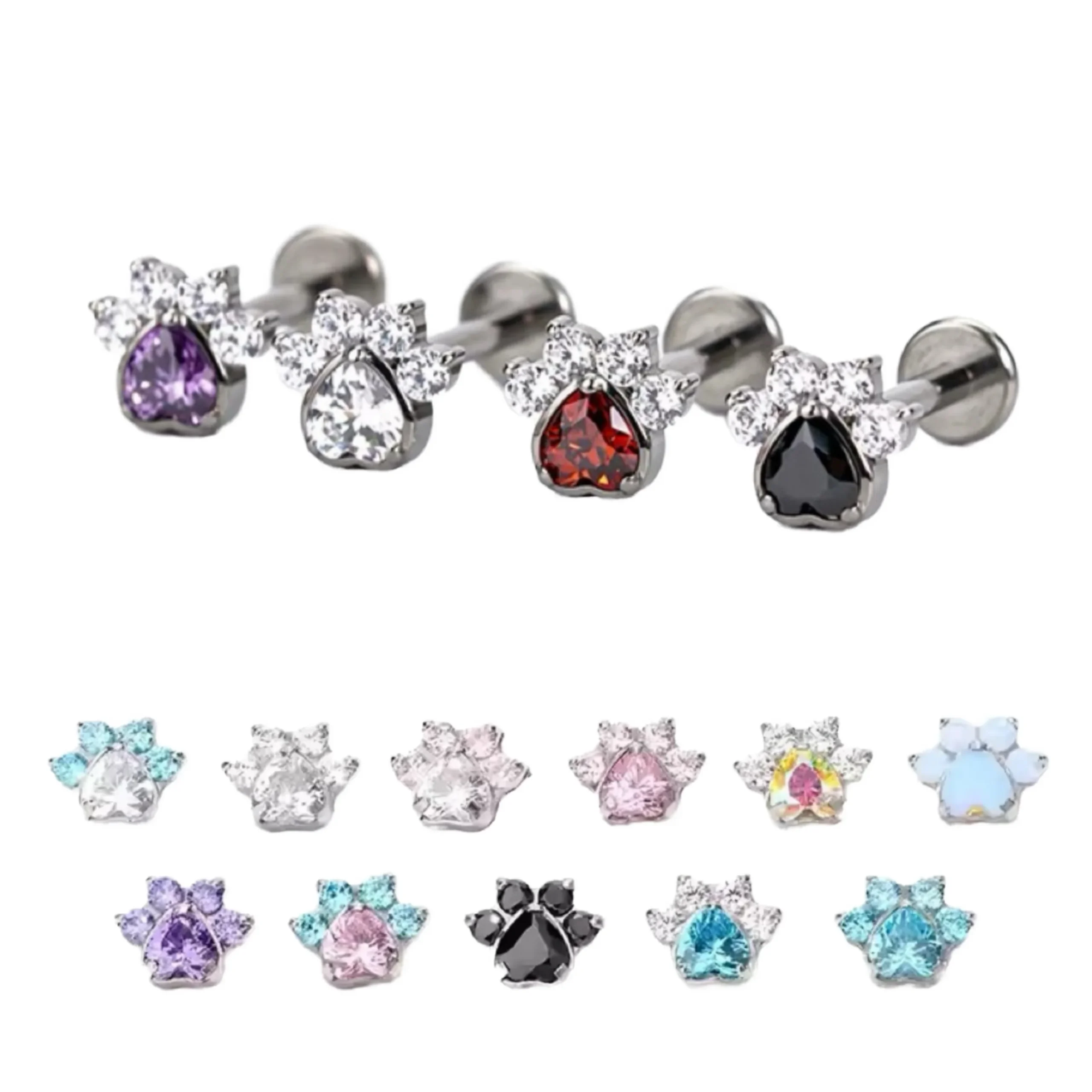 ASTM F136 Titanium CZ Cat Paw Internally Threaded Labret Stud For Lip, Cartilage Or Tragus Piercing