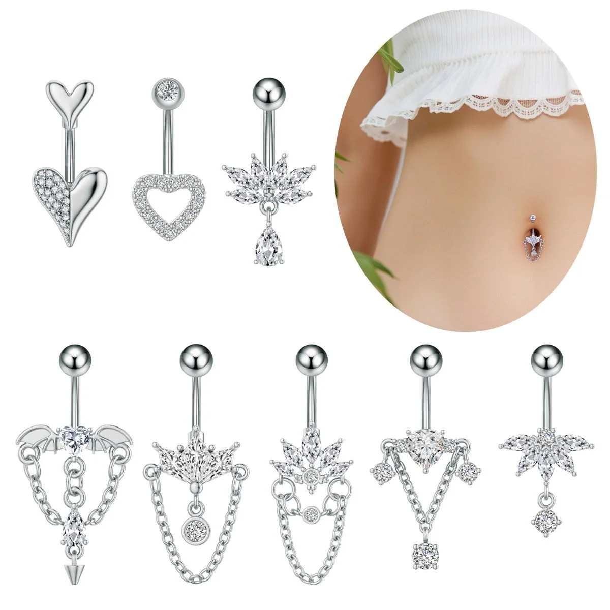 316L Surgical Steel 14G Crystal Belly Button Ring For Navel Piercing - Image 2