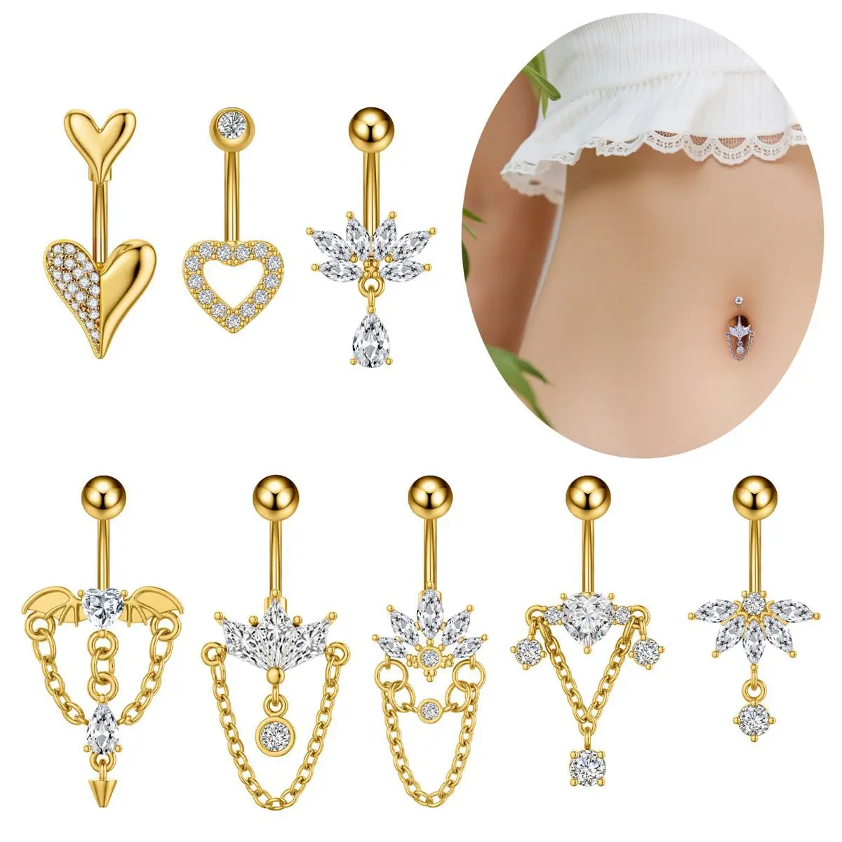 316L Surgical Steel 14G Crystal Belly Button Ring For Navel Piercing