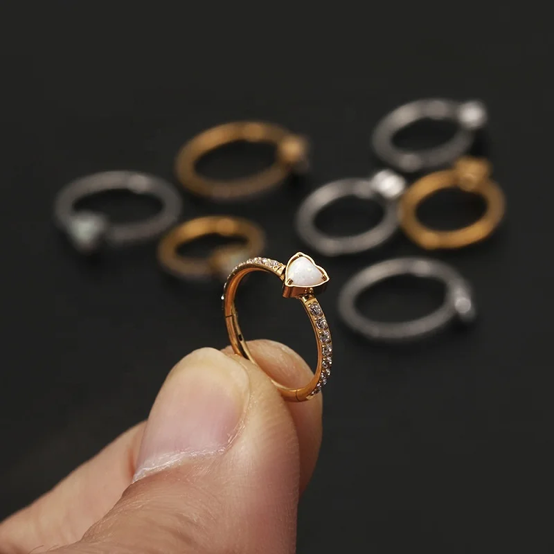 316L Surgical Steel Opal Heart Segment Clicker Ring For Septum Or Nose Piercing - Image 2