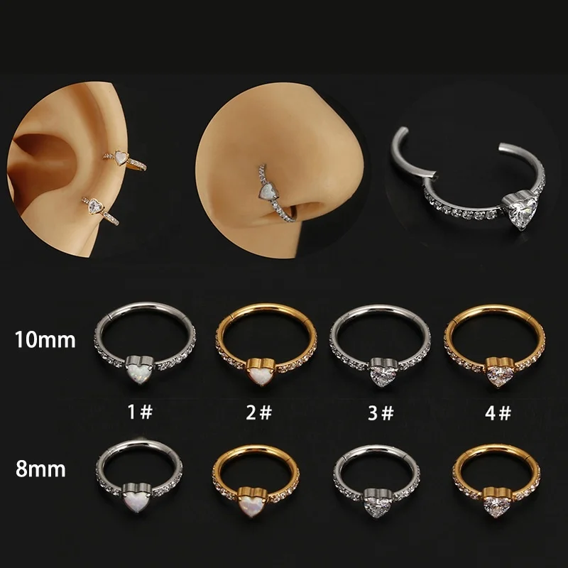316L Surgical Steel Opal Heart Segment Clicker Ring For Septum Or Nose Piercing