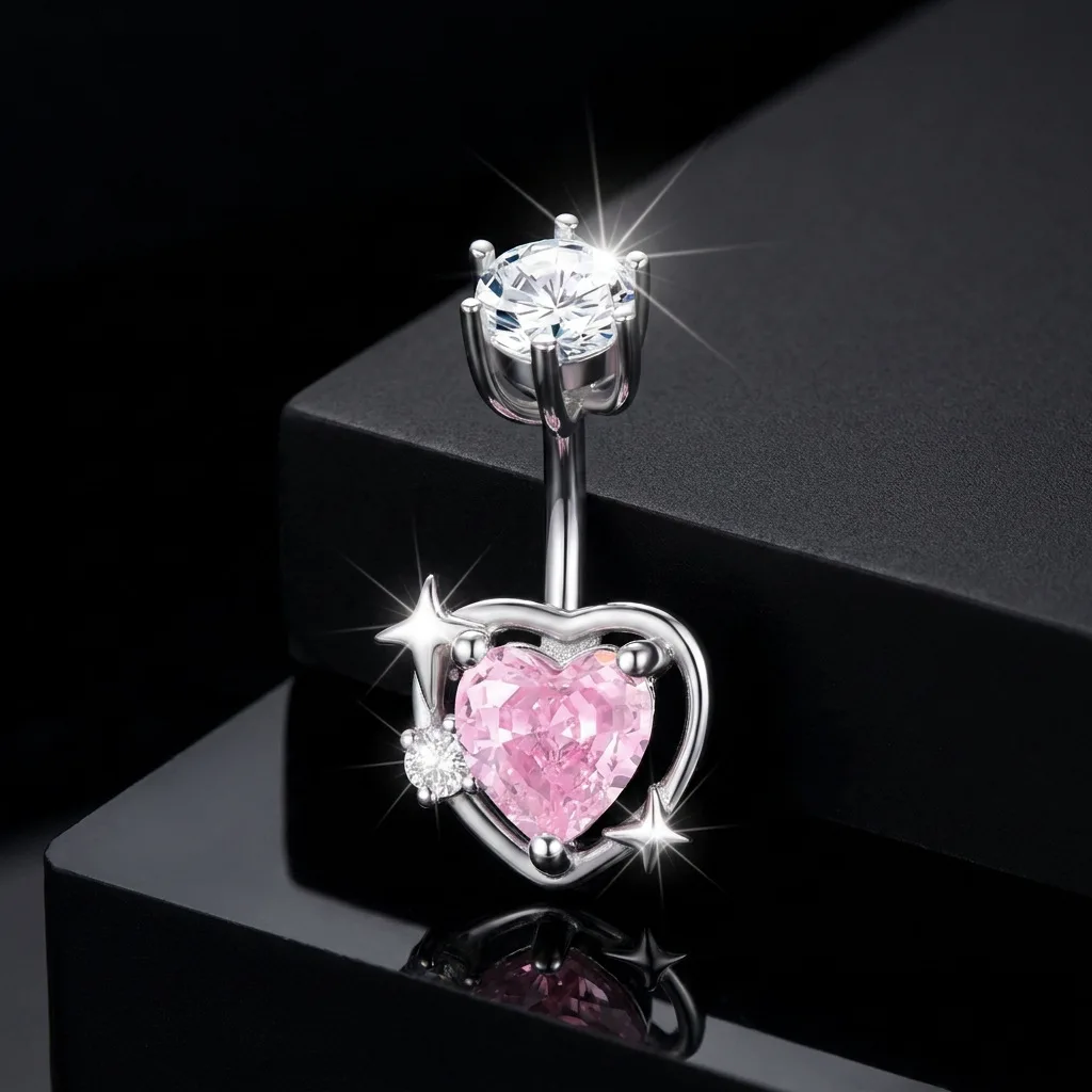 316L Surgical Steel CZ Heart Belly Button Ring For Navel Piercing - Image 2