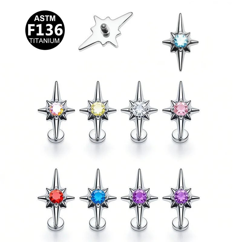 ASTM F136 Titanium Star Internally Threaded Labret Stud For Lip, Cartilage Or Tragus Piercing
