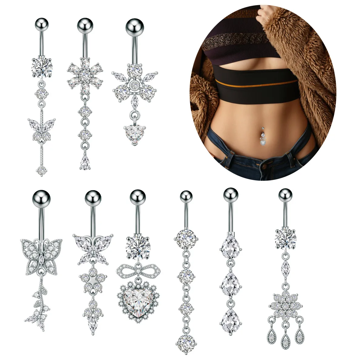 316L Surgical Steel CZ Butterfly Belly Button Ring For Navel Piercing - Image 2
