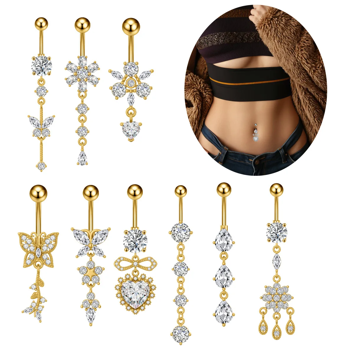 316L Surgical Steel CZ Butterfly Belly Button Ring For Navel Piercing