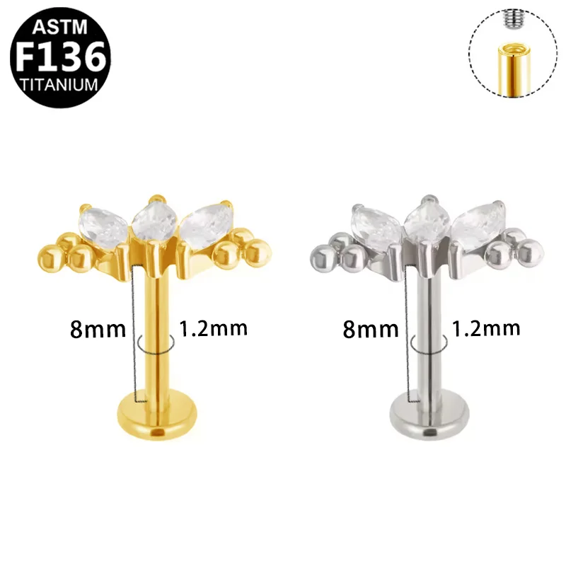 ASTM F136 Titanium Internally Threaded Labret Stud For Lip, Cartilage Or Tragus Piercing - Image 2