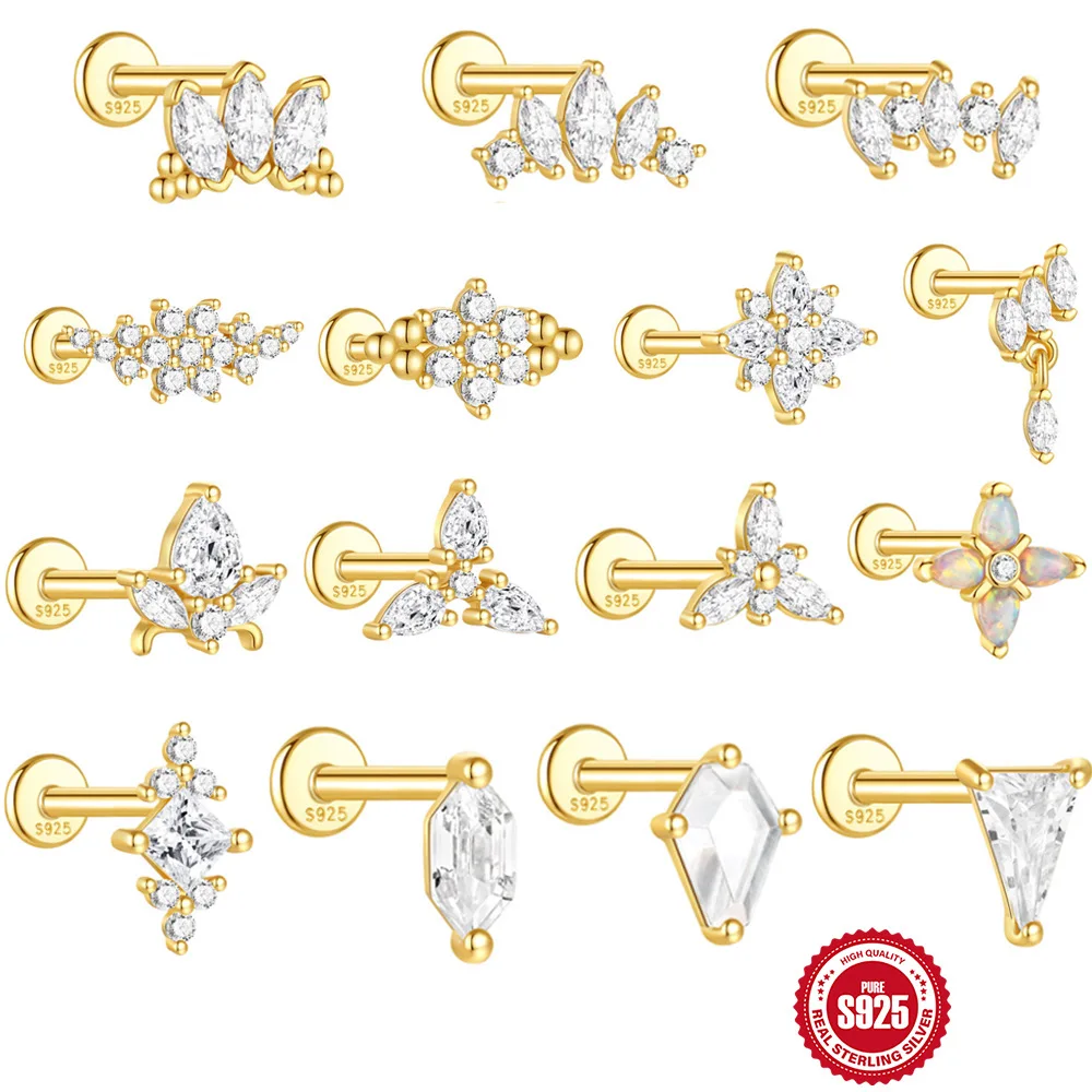 925 Silver Opal CZ Flat Back Stud For Cartilage, Helix Or Lip Piercing