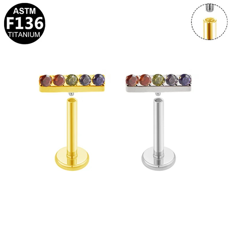 ASTM F136 Titanium CZ Internally Threaded Labret Stud For Lip, Cartilage Or Tragus Piercing - Image 2