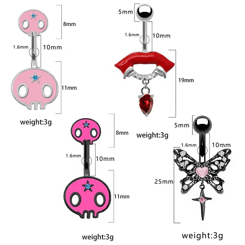 316L Surgical Steel Butterfly Skull Belly Button Ring For Navel Piercing - Image 2
