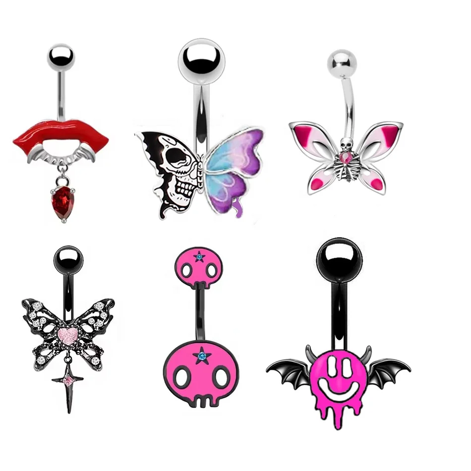 316L Surgical Steel Butterfly Skull Belly Button Ring For Navel Piercing